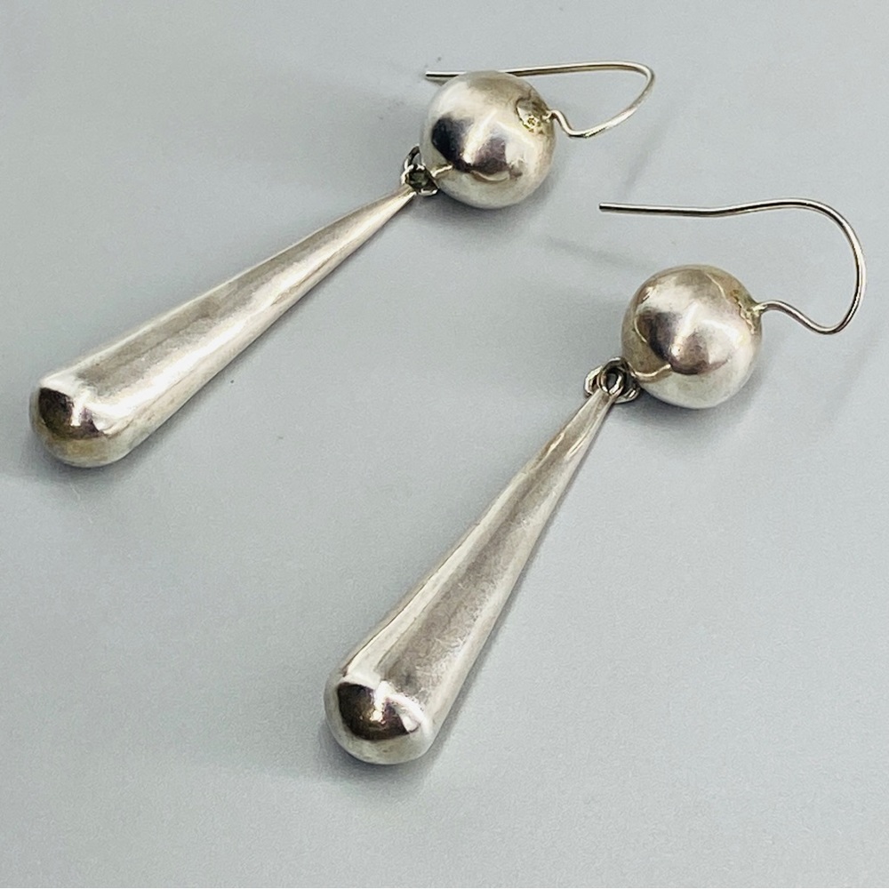 Vintage Sterling Silver Hollow Puff Ball & Teardrop Earrings Handmade - Picture 9 of 15
